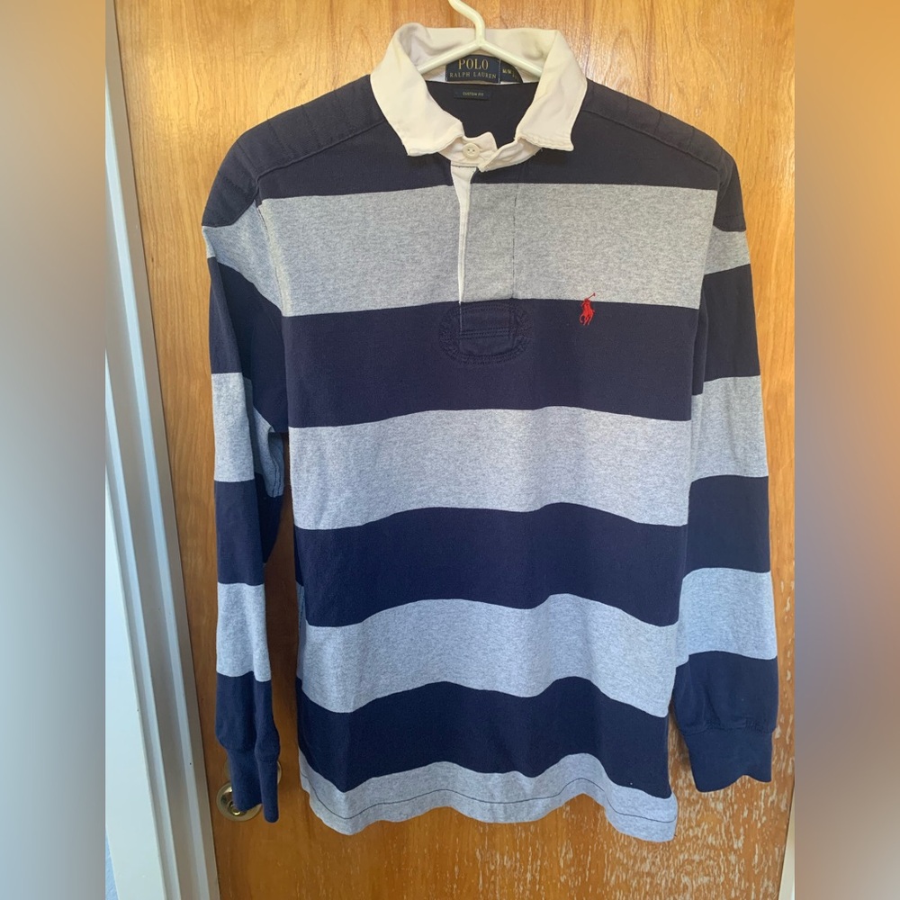 PoloRalph Lauren Navy and Gray Striped Rugby, EUC, size M, 100% Cotton